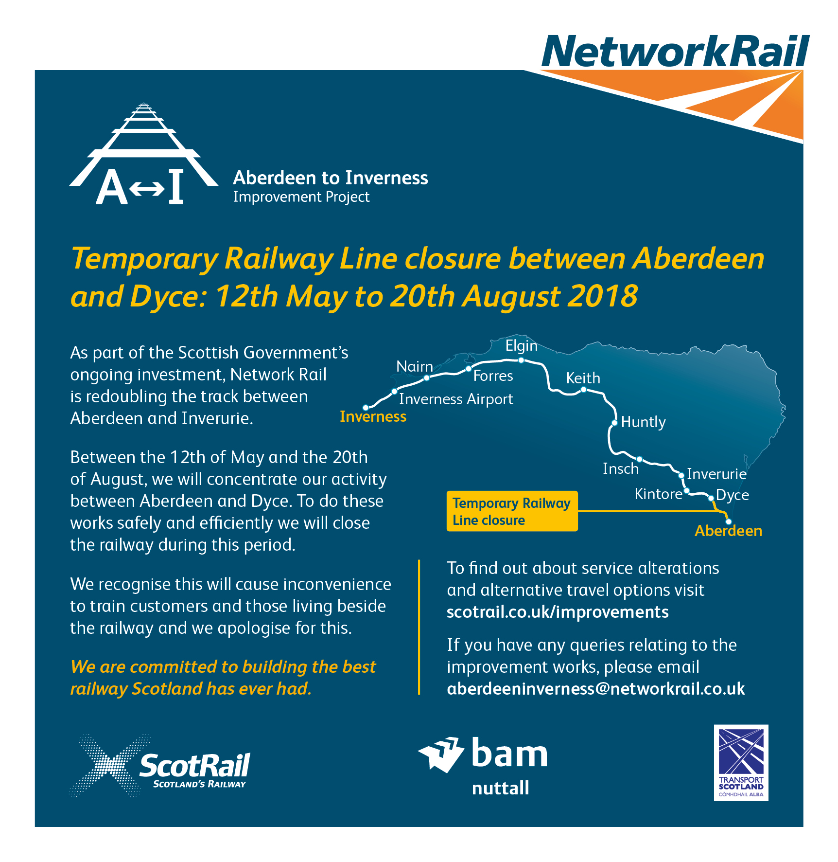 Notice of closure of rail line between Aberdeen Dyce 12th May 20th